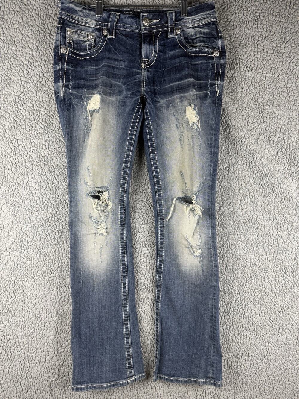 Miss Me Women's Mid-Rise Boot Blue Embellished Embroidered Bootcut Jeans 26